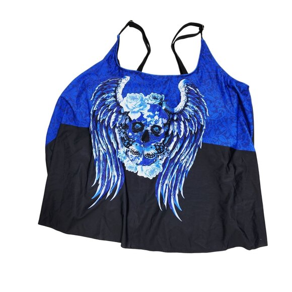 Plus Size 3X Rosegal Womens 2-Piece Tankini Set kull Wings Print Blue Black - Picture 3 of 7